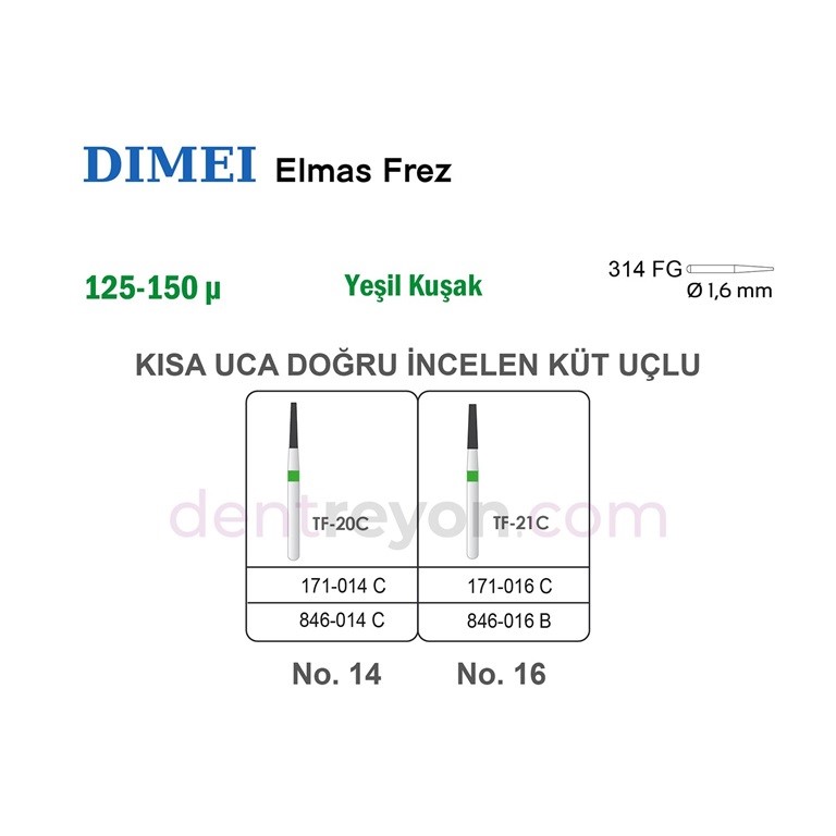 Uca Doğru İncelen Küt Elmas Frez (Kısa) No:14